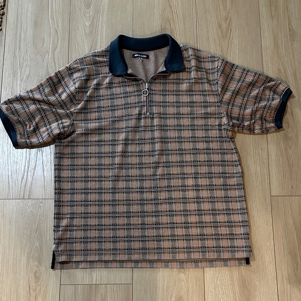 Urban Outfitters Brown Plaid Short-Sleeve Polo with Navy Trim